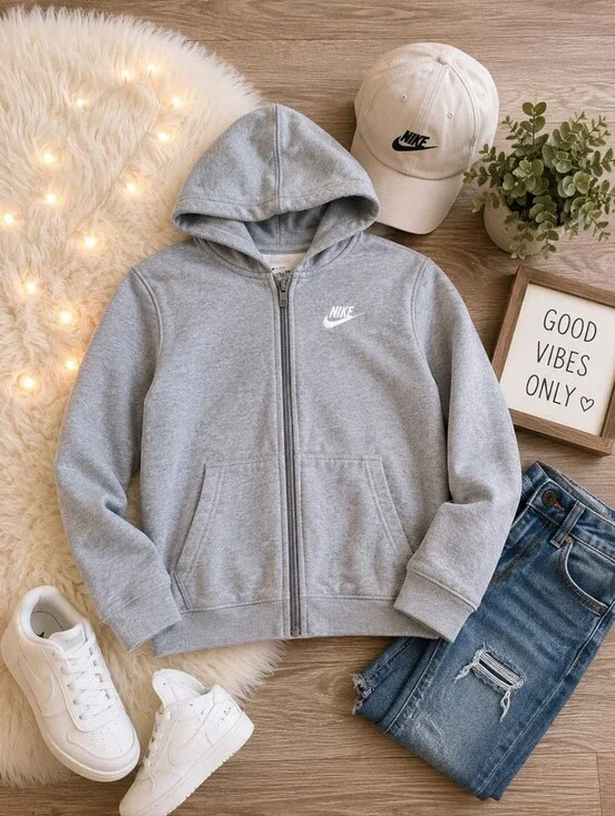 Nike Boys XL Gray Fleece Full Zip Hoodie Embroidered Swoosh Sweatshirt