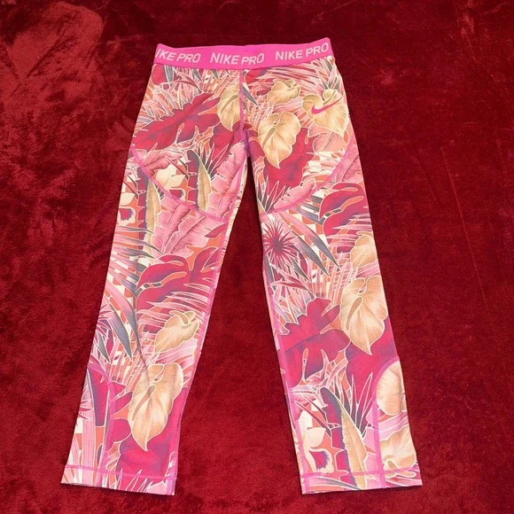 Nike Pro Dri-FIT Tropical Floral Crop Leggings Pink CU0018-686‎ Womens Large