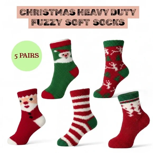 Christmas Heavy Fuzzy Soft Warm Novelty Socks 5pk Reindeer Santa 7-11 NEW‎