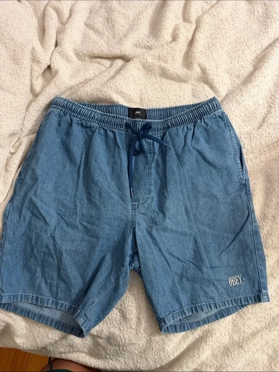 Obey chambray denim lightweight elastic waist drawstring shorts medium