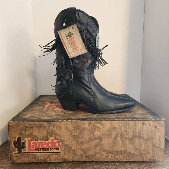 Vintage 80s 90s Laredo Black Leather Fringe Western Cowgirl Boots 28-710 NOS