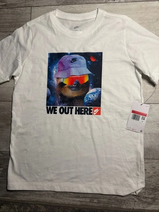 Nike White Tee with Multicolor Sloth Graphic
