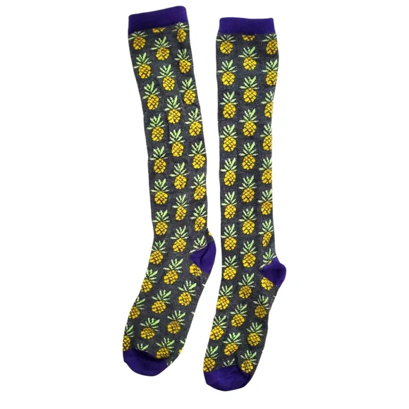 Womens Pineapple Print‎ Knee High Socks One Size Gray Yellow Purple