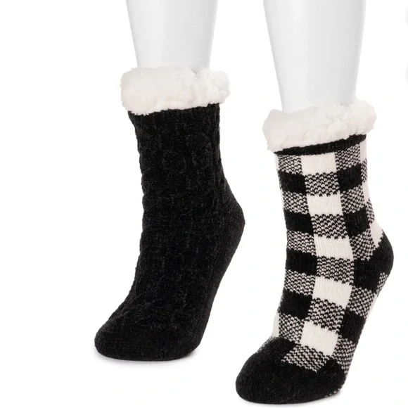2pack Muk Luk chenille faux fur lined textured non slip mid-calf height‎ socks