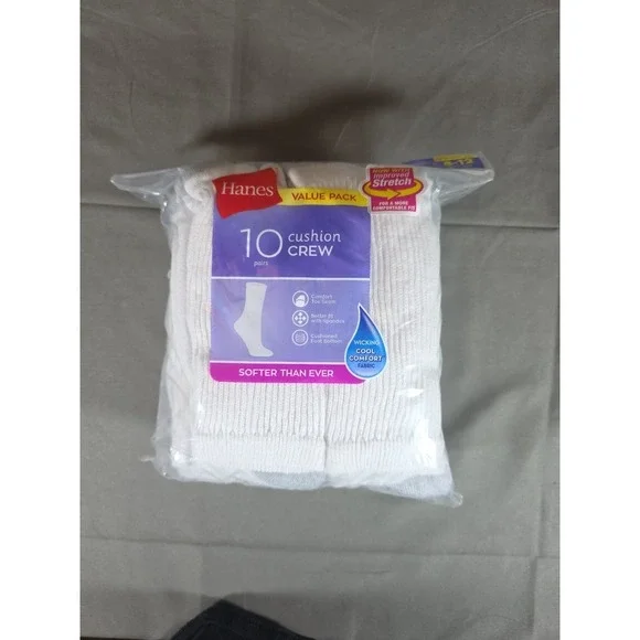 Hanes Womens Cushion‎ Crew Socks 10 Pairs Size 8-12 Wicking Cool Comfort Fabric