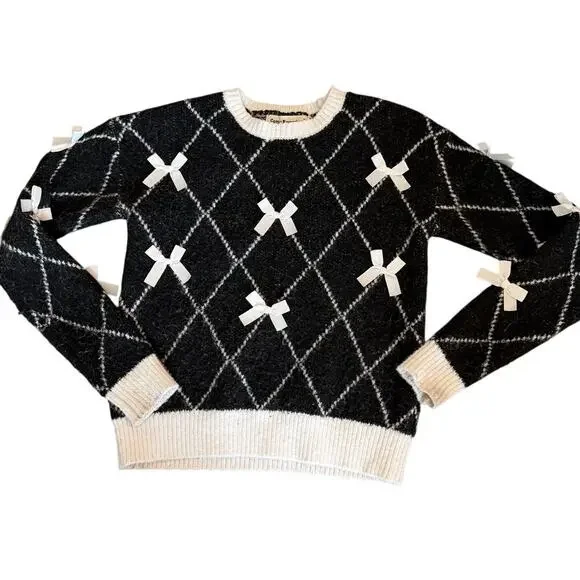 Girls Black White Bows Sweater Preppy Ballet Core Size Small