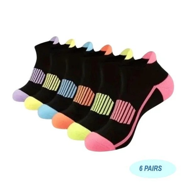 Colorful Athletic Women's Socks 6 PACK Tab Low Cut High Quality NEW