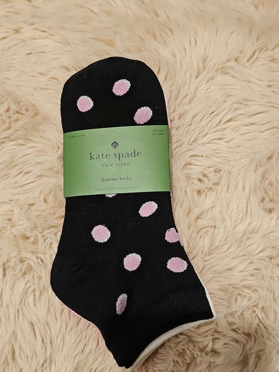 Kate spade 3 Pair Quarter socks  pink polka Dot, solid pink & Beige W Spade NWT