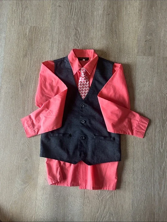 Boys Coral Dress Shirt with Black Vest and Patterned Tie