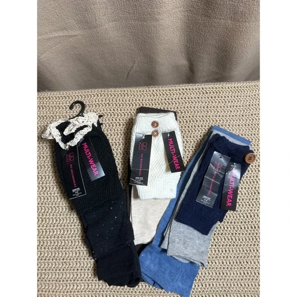 No Boundaries Multi-Wear Boot Cuff Over The Knee Sock Set 3 Pk Black Blue Brown