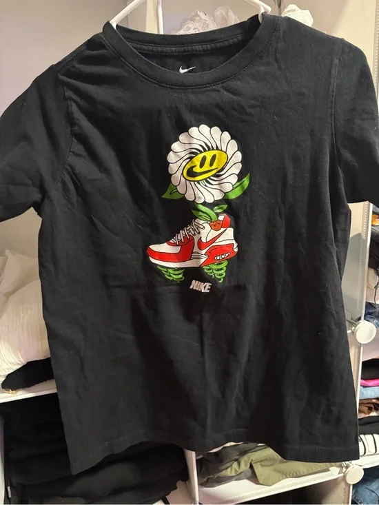 Nike Kids Black Tee with White Daisy, Yellow Smile & Red Sneaker