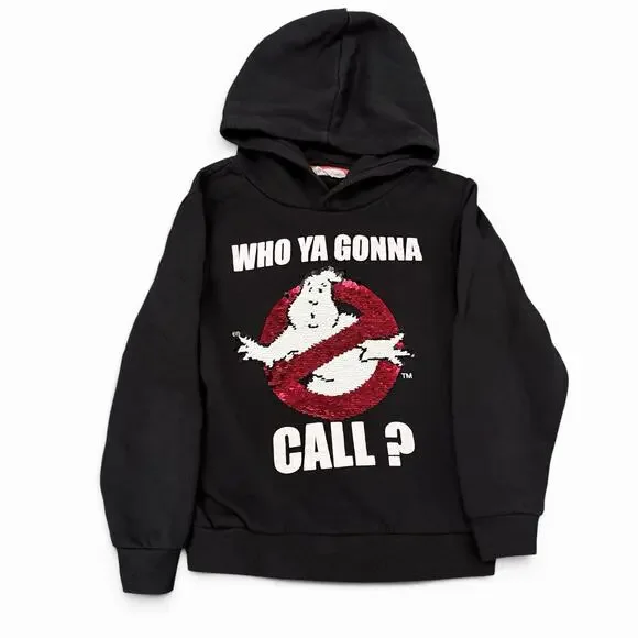 H&M Ghostbusters Hoodie Sequin Logo Kids Sz 6-8Y Black Pullover