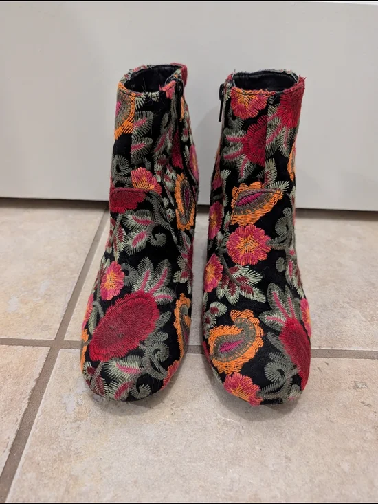 MIA Black Velvet Ankle Boots with Red, Orange & Green Floral Embroidery