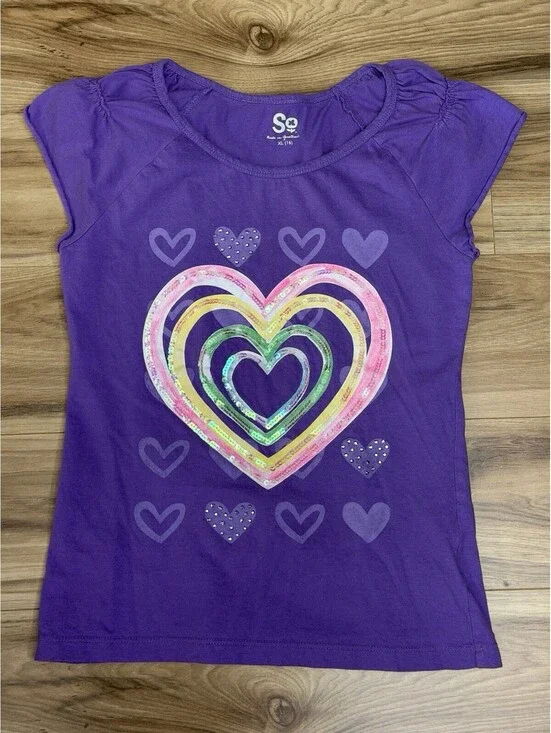 SO Girls Purple Sequin Heart Y2k Graphic Tee Rhinestone Sz XL 16