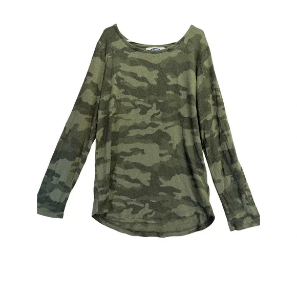 Old Navy Kids Camo Long Sleeve Scoop Neck Curved Hem Top Green L 10-12 1156