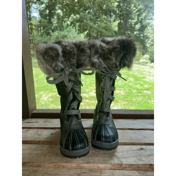 London Fog Winter Snow Boots Melton 2 Black Gray Faux Fur Trim Mid Womens Size 6