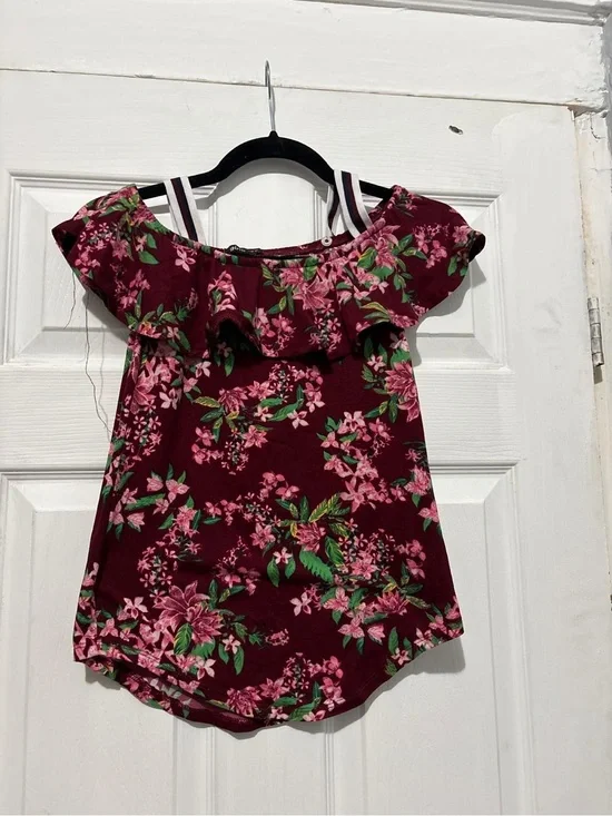 Girls Off-Shoulder Floral Top - Burgundy Pink
