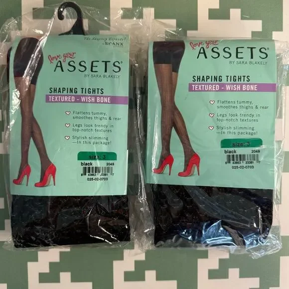 Spanx Assets Tights Pantyhose Lot of 2 Black Stripe Texture Pattern Size 3 NWT