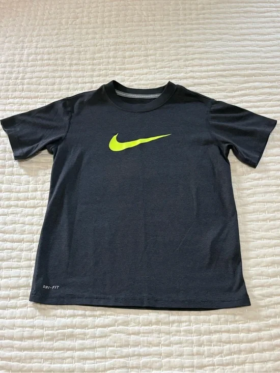 Boys Nike Black Short Sleeve Tee with Neon Yellow Swoosh