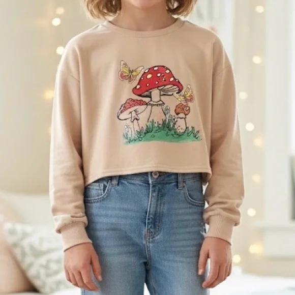 Shein Teen Mushroom & Butterfly Graphic Crop Sweatshirt Size 12-13Y Peach Beige