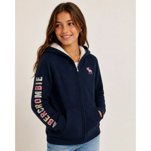 Abercrombie‎ Kids Sherpa Lined Hoodie Jacket Girls 15/16 Navy Sequin Zip Up