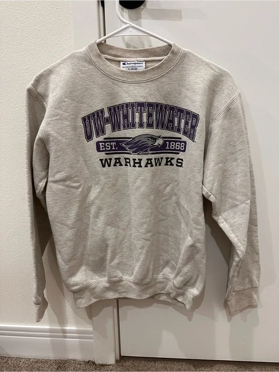 Champion Cream Crewneck Sweatshirt with Purple & Black UW-Whitewater Graphic
