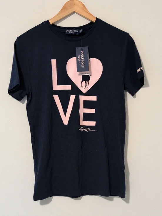 Ralph Lauren Navy Tee with Pink LOVE Heart Graphic