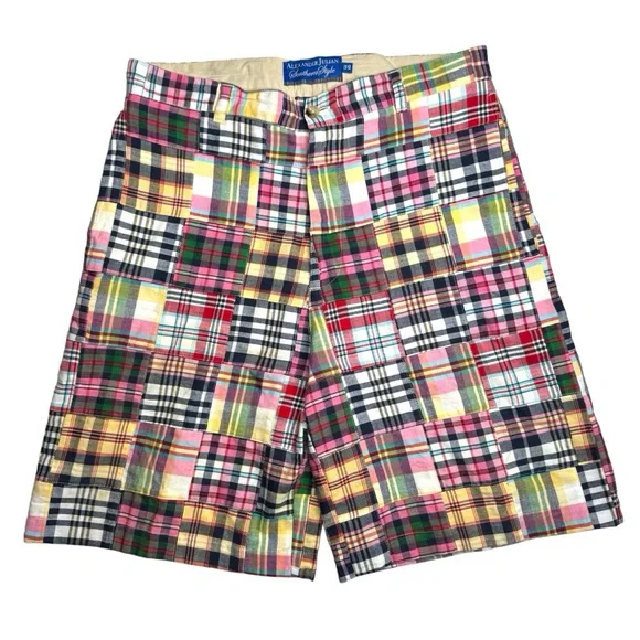 Alexander Julian Southern Style Patchwork Madras Plaid Shorts Preppy Flat Front