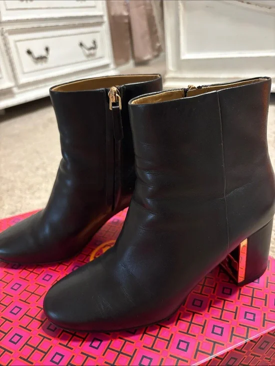 Tory Burch Black Leather Ankle Booties with Gold Heel Detail