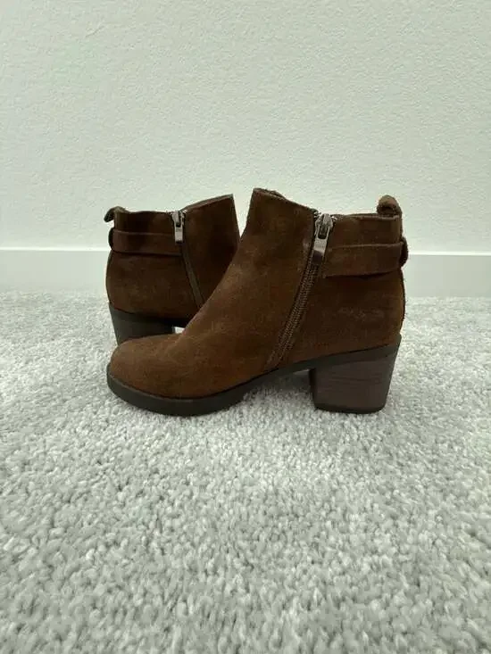 YGMMN Brown Suede Block Heel Ankle Booties with Side Buckle