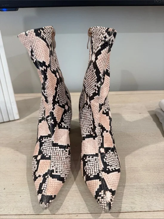 PrettyLittleThing Pink and Black Snake-Print Pointed Ankle Boots