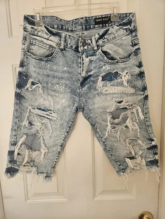 Distressed Acid Wash Denim Shorts - Blue