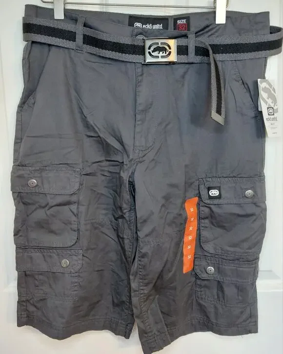 NWT Ecko Unltd Mens Belted Cargo Shorts Charcoal Grey 32 Cotton Twill Utility
