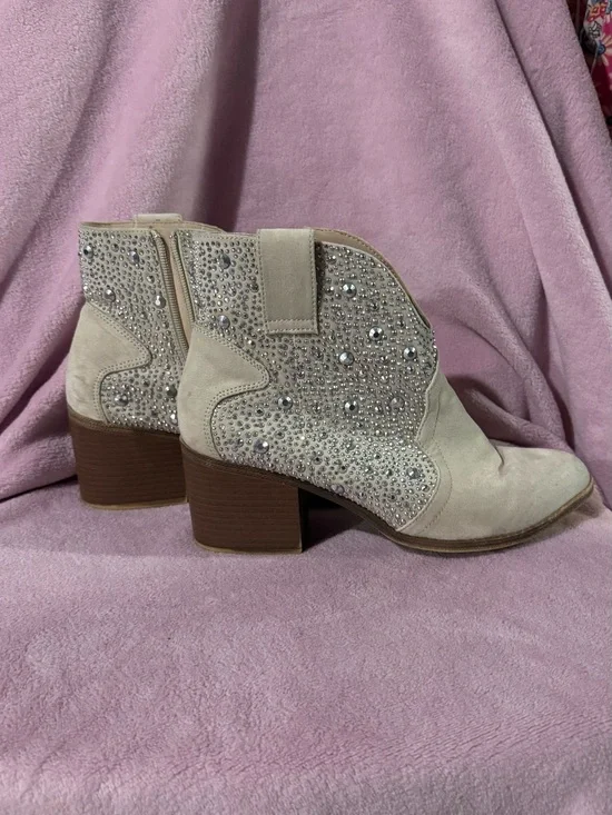 Beige Rhinestone Western Ankle Booties | Cowgirl Boho