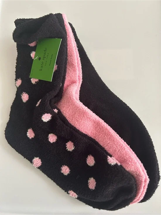 Kate Spade New York Cozy Fuzzy Home Socks 3-Pack Black Pink Polka Dot OSFM NWT