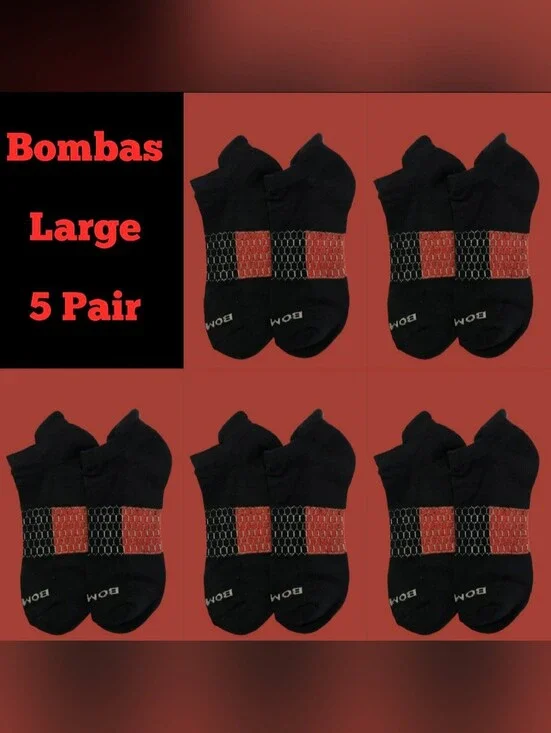 Bombas Large Ankle Socks Black & Red 5 Pair BNWT Unisex Honeycomb Arch Support
