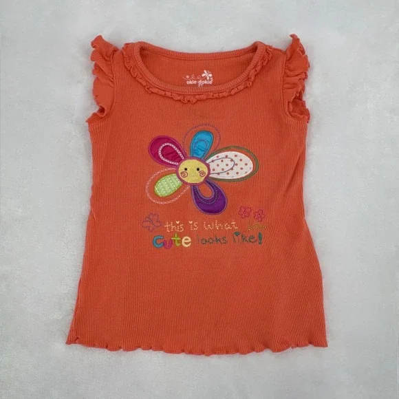 Vintage Okie Dokie Tank Top Girls Sz 2T Orange Ruffle 100% Cotton Graphic Shirt