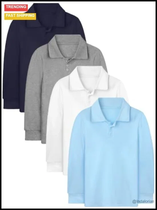 4 Pack Boys Long-Sleeve Pique Polo Shirts School Uniform Soft Cotton Blend