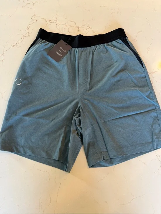 NWT OHMME The Warrior Men's Pilates/Yoga Shorts in Slate Blue Black Waistband MD