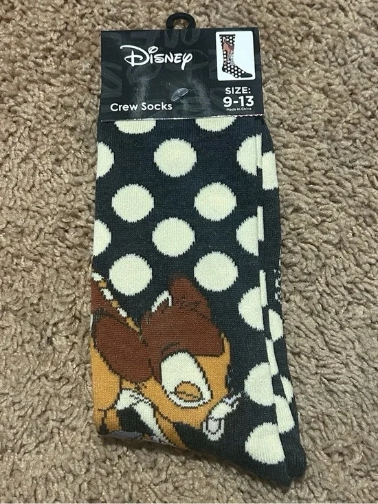 Disney Bambi Crew Socks NWT Size 9-13 Dark Gray Black w White Polka Dots