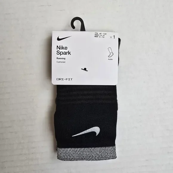 Nike Spark Running Ankle Socks Size W7.5-9/M6-7.5 Black Cushioned Dri-Fit