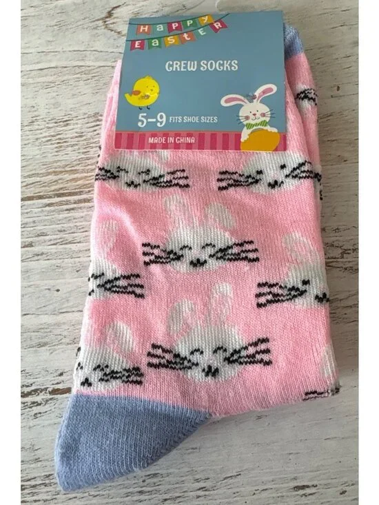 Happy Easter Bunny Crew Socks Pink & Blue Fits Shoe Sizes 5-9 Polyester Blend