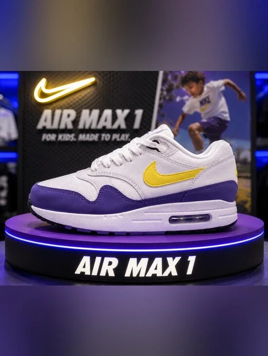 Nike Air Max 1 (GS) – White / Tour Yellow / Purple – Size 6Y