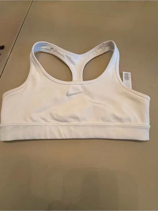 Nike White Racerback Girls' Sports Bra with Silver Swoosh