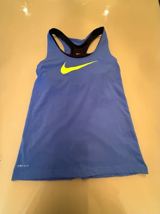 Nike Blue Racerback Tank with inner sports bra attached and Neon Yellow Swoosh