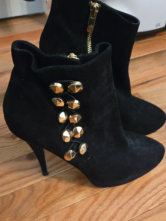 Vince Camuto Black Suede Ankle Booties with Gold Studs