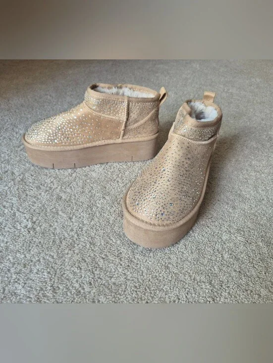 Rock & Candy Tan Crystal Platform Ankle Booties