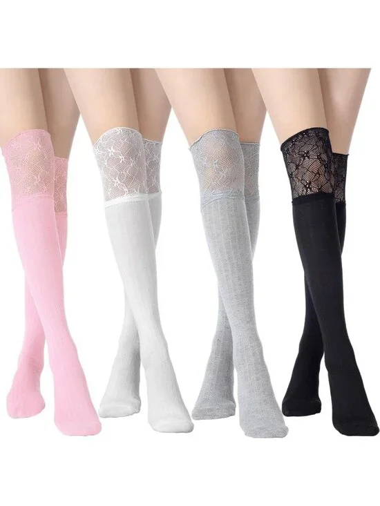 Knee High Lace Socks - 4 Pairs Women's Kawaii Lolita Boot Stockings, Long