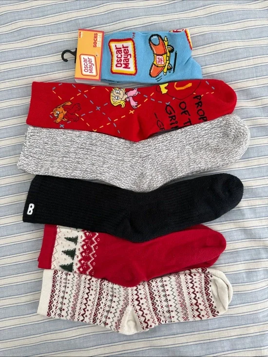 6 prs Women’s Novelty Crew Socks. Top 2 new. McDonald’s like new. Bottom 3 used.
