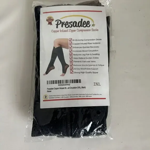 Presadee Copper Zipper Compression Socks 2XL Black 20-25mmHg Open Toe New Sealed